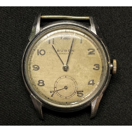 2229 - WW2 Third Reich Heer issue wristwatch by Buren Grand Prix. Enamel dial with Arabic numerals and sepa... 