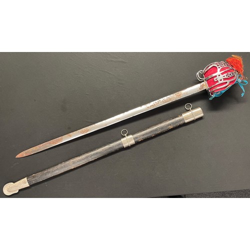 2239 - Reproduction Basket Hilt Sword with double edged plated blade 845mm in length. No makers marks. Chro... 