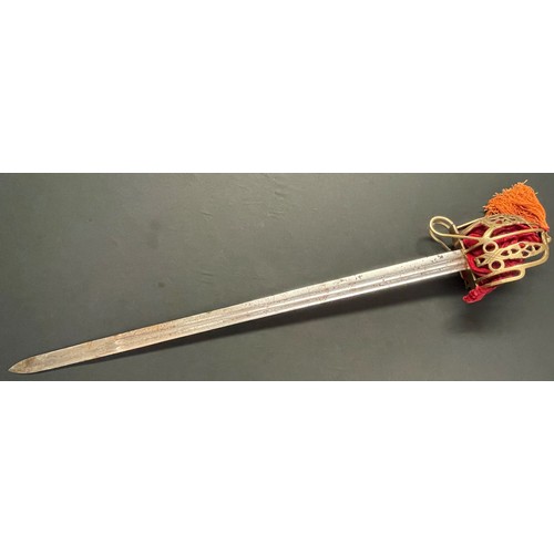 2240 - Reproduction Basket Hilt Sword with single edged double fullered plated blade 880mm in length. No ma... 