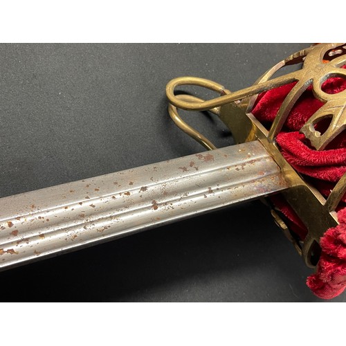 2240 - Reproduction Basket Hilt Sword with single edged double fullered plated blade 880mm in length. No ma... 