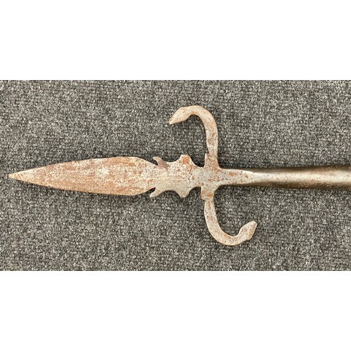 2241 - Halberd with double edged spear point 20cm in length. Wooden pole which has been wire bound top and ... 