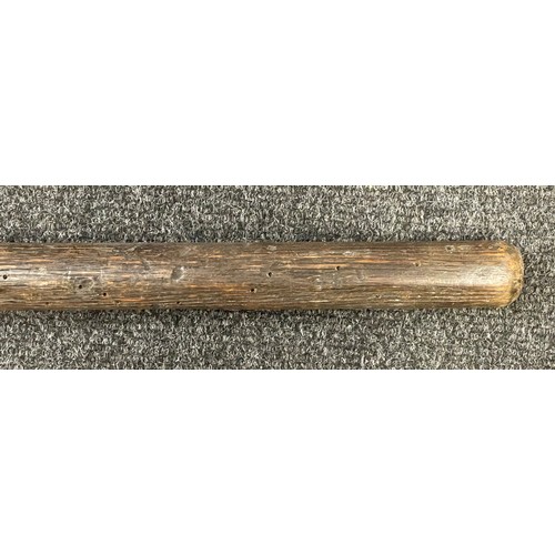 2241 - Halberd with double edged spear point 20cm in length. Wooden pole which has been wire bound top and ... 