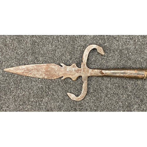 2241 - Halberd with double edged spear point 20cm in length. Wooden pole which has been wire bound top and ... 