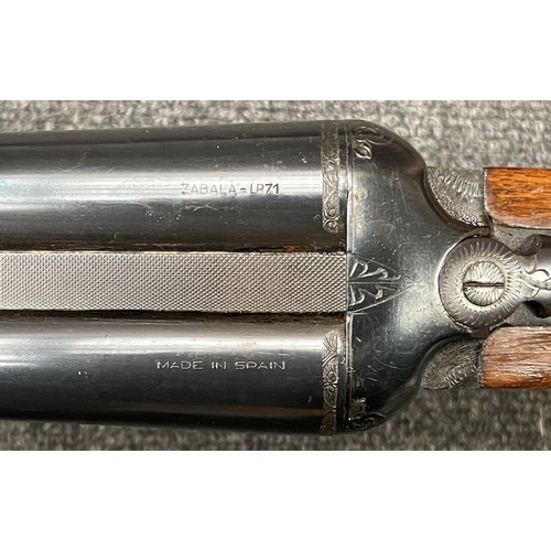 2308 - 10 Bore Zabala Model LP71 Side by Side Shotgun. Serial number 188752. 812mm long barrels. Overall le... 