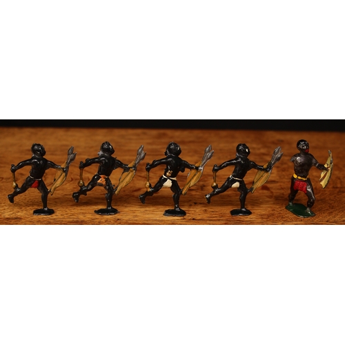 3381 - Hanks Brothers (London) Zulu figures, comprising four running figures and a single figure, the base ... 