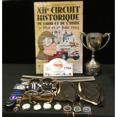 174 - MG Memorabilia - goggles, Mg leather helmet (2);  Hanhart stop watch;  Heuer stop watch;  others;  b... 