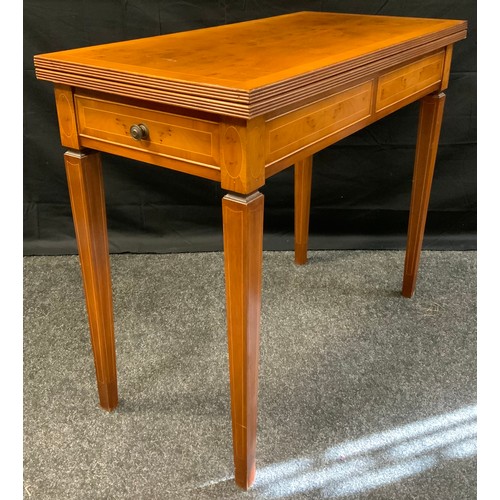 381 - A reproduction yew wood veneer card table, rectangular top, tapering square legs, boxwood stringing ... 