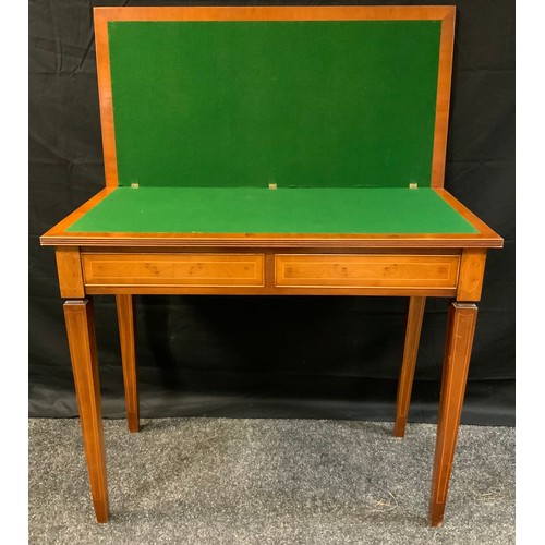 381 - A reproduction yew wood veneer card table, rectangular top, tapering square legs, boxwood stringing ... 