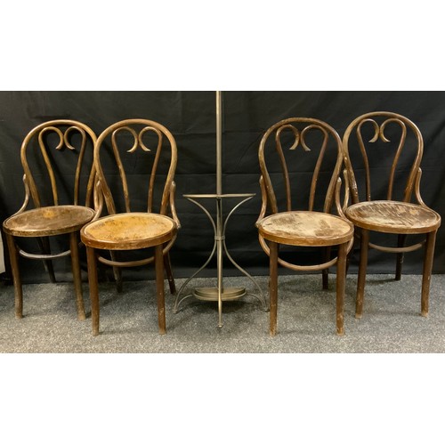 392 - A set of four Thonet-type bentwood cafe chairs;  a metal wall-mounted coat stand, (5).