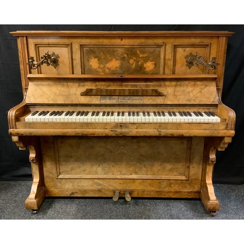 272 - A R Gors and Kallmann of Berlin burr walnut upright piano, iron frame,  with candle sconces
Ivory Re... 