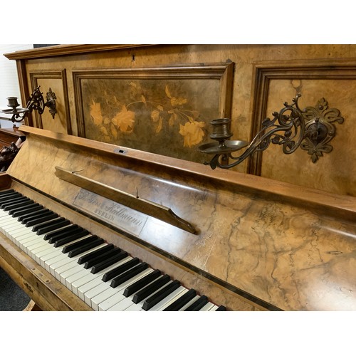 272 - A R Gors and Kallmann of Berlin burr walnut upright piano, iron frame,  with candle sconces
Ivory Re... 