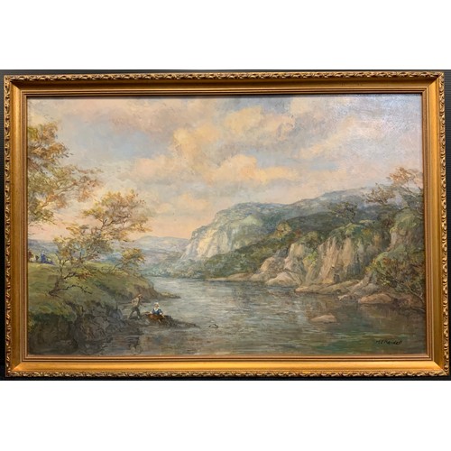 383 - M. J. Rendell. River with Limestone Cliffs, signed, oil on board, 40.5cm x 61.5cm