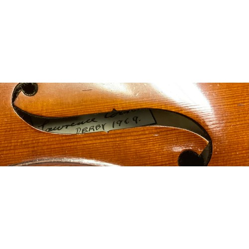 573 - A Lawrence Cocker of Derby viola, dated 1969, single piece maple back, spruce front, conforming L Co... 