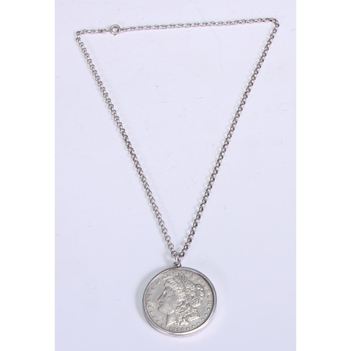 3549 - A US silver dollar, 1921, mounted as a pendant with a silver belcher link necklace chain, 37g