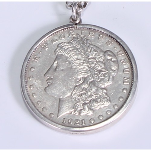 3549 - A US silver dollar, 1921, mounted as a pendant with a silver belcher link necklace chain, 37g
