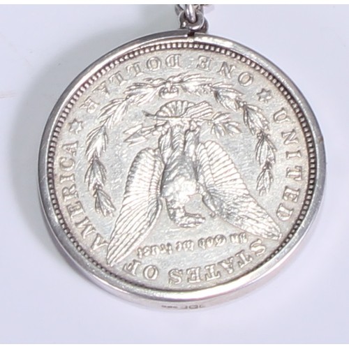 3549 - A US silver dollar, 1921, mounted as a pendant with a silver belcher link necklace chain, 37g