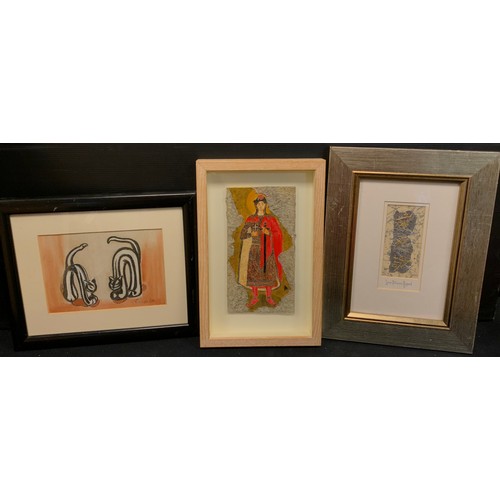 221A - Evelyn Cox, Two Cats, signed, mixed media, 13cm x 18cm;  another two, medieval figure, and Oriental ... 