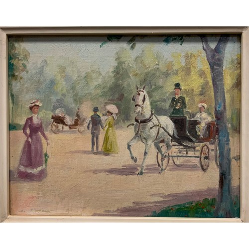 71 - Continental School, Figures in a Park, Paris, oil on canvas, 20.5cm x 26cm.