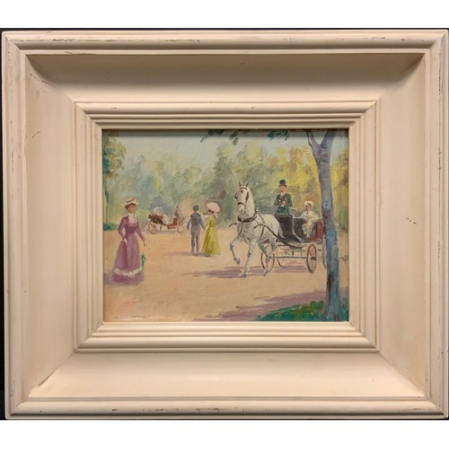 71 - Continental School, Figures in a Park, Paris, oil on canvas, 20.5cm x 26cm.