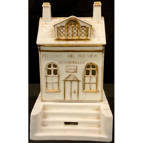 154 - A 19th century French porcelain pastille burner modelled as a boarding house, Pension De Jeunes Demo... 