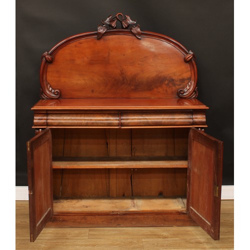 114 - A Victorian mahogany chiffonier, arched back crested by a carved fruiting pear branch, the projectin... 