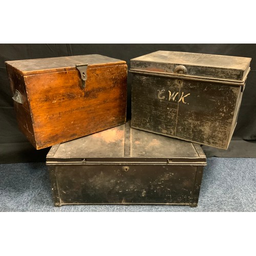 60 - An early 20th century two handled strong box, 26cm high, 64cm wide, 38cm deep;  another;  a pine box... 