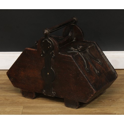 66 - A pair of Neo-Gothic iron-bound oak fuel bins or purdoniums, 44.5cm high, 33.5cm wide, 59.5cm deep