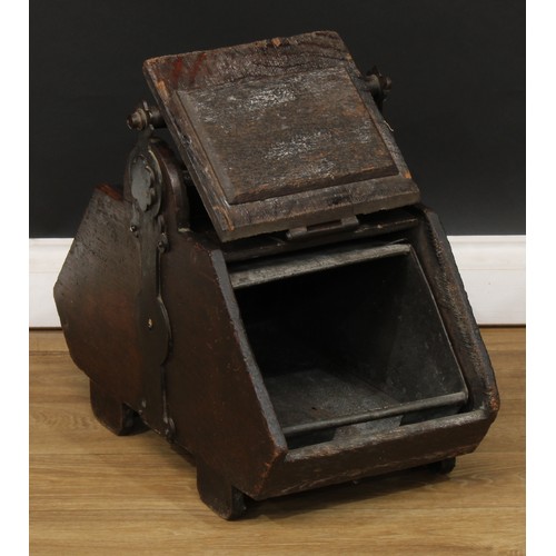 66 - A pair of Neo-Gothic iron-bound oak fuel bins or purdoniums, 44.5cm high, 33.5cm wide, 59.5cm deep