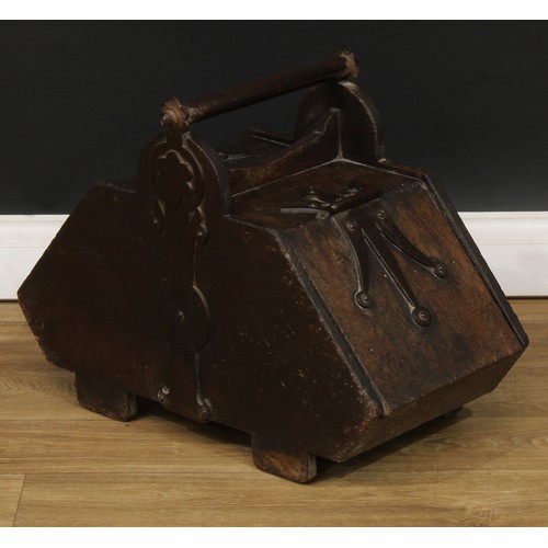 66 - A pair of Neo-Gothic iron-bound oak fuel bins or purdoniums, 44.5cm high, 33.5cm wide, 59.5cm deep