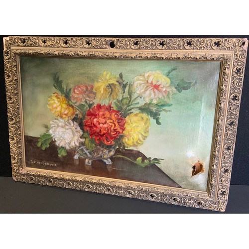 103 - J**G**Henderson (20th century)
Still Life,  Chrysanthemums
signed, oil on canvas, 30cm x 49cm