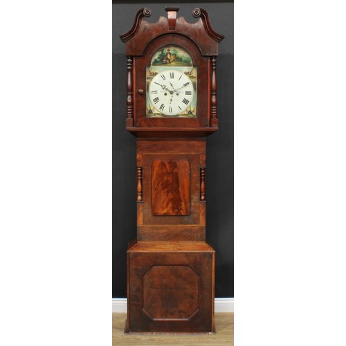 107 - A Victorian mahogany longcase clock, of broad proportions, 32cm arched painted dial inscribed Rhodes... 