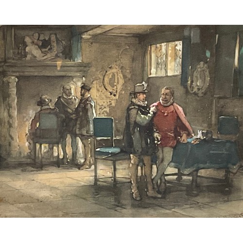 108 - English School (19th century)
Baronial Interior, with figures in conversation
indistinctly signed, d... 