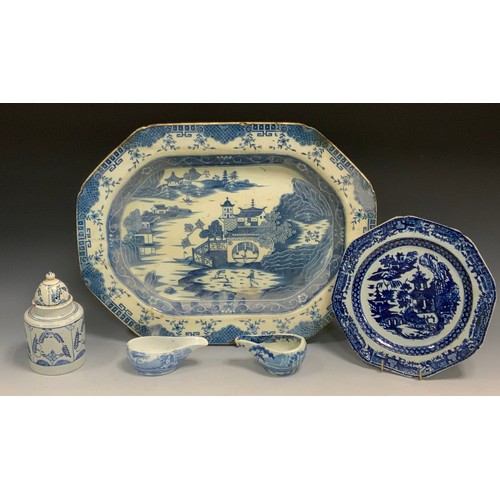 113 - A Turner canted rectangular meat plate, decorated in underglaze blue with figure deer hunting, pagod... 