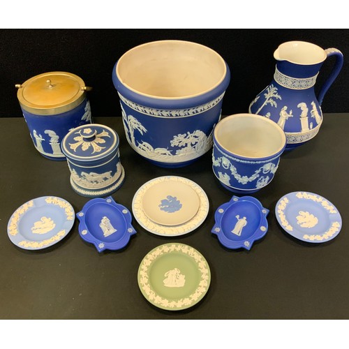 116 - A Wedgwood blue jasper ware jug;  similar trinket dishes,  Adams jardinere etc