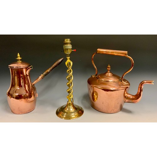 127 - A Victorian copper kettle, acorn finial, 28cm high, c.1860;  a copper coffee pot, off set handle, 28... 