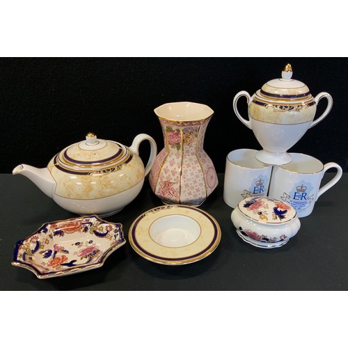 182 - A Wedgwood Cornucopia pattern teapot, sucrier, saucer;  Mason Ironstone Empress pattern vase, commem... 