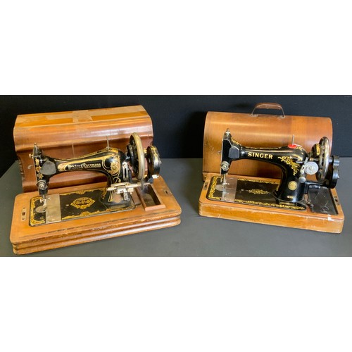 214 - A Frister & Rossmann hand operated sewing machine, serial no 1458168; another Singer 128K, 8450/8431... 