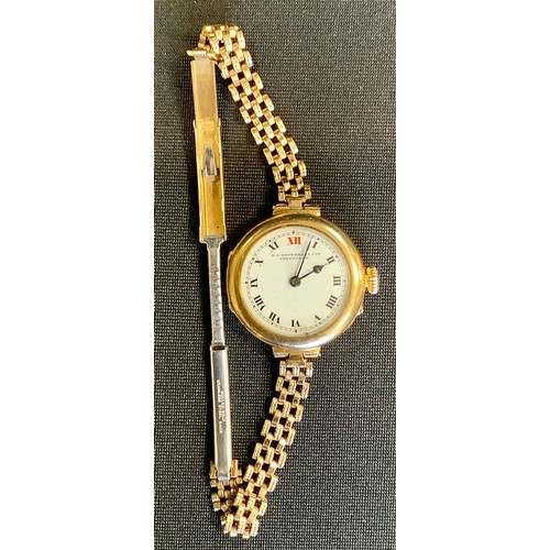 671 - A H L Brown & Sons Sheffield & London 18ct gold cased ladies bracelet watch, white enamel dial, Roma... 