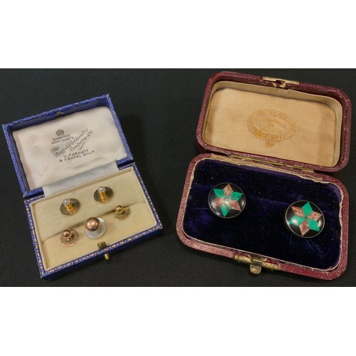 708 - A pair of 9ct gold dress studs;  others, 3g;  a pair of hardstone studs, cased