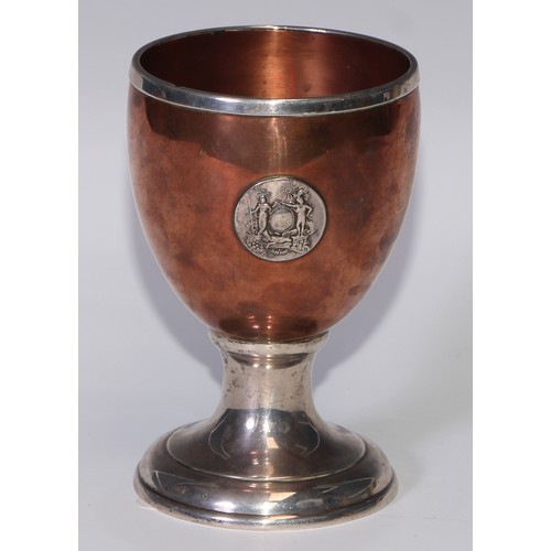 92 - Barn Elms and the Kit-Cat Club - a 19th century silver coloured metal and copper pedestal goblet and... 