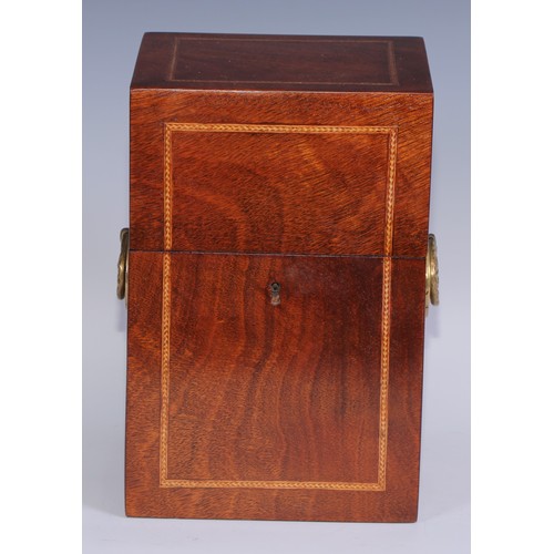 136 - A 19th century mahogany decanter box, hinged cover enclosing three arched rectangular decanters with... 