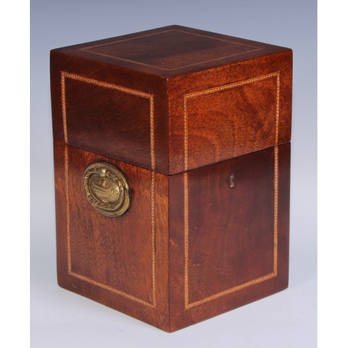 136 - A 19th century mahogany decanter box, hinged cover enclosing three arched rectangular decanters with... 