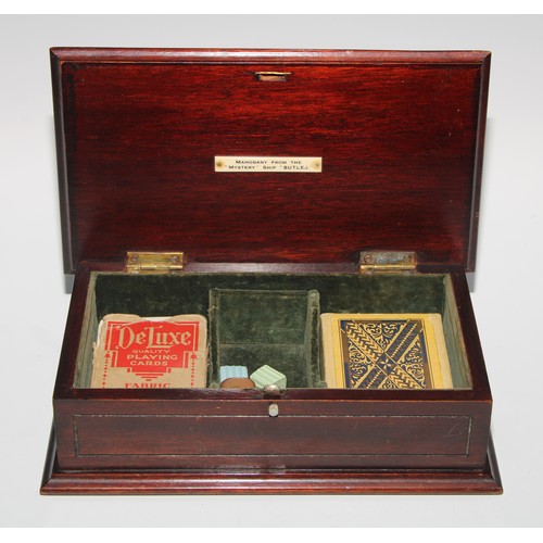 137 - An early 20th century salvaged maritime timber rectangular playing card box, mahogany from the 