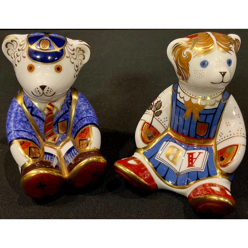 148 - A Royal Crown Derby paperweight, Schoolboy Teddy, gold stopper, boxed; another, Schoolgirl Teddy, go... 