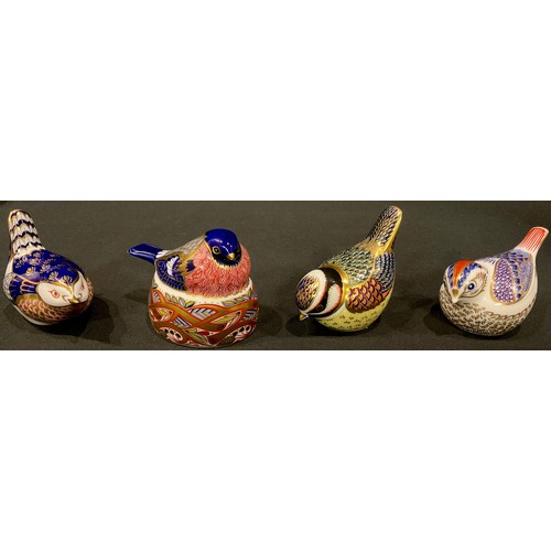 164 - A Royal Crown Derby paperweight, Bullfinch Nesting, gold stopper, boxed; others, Wren, Bluetit, Gold... 