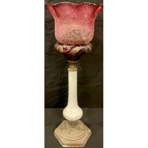 182 - An acid etched cranberry flashed lamp shade, an opaque glass oil lamp stand with detached cranberry ... 