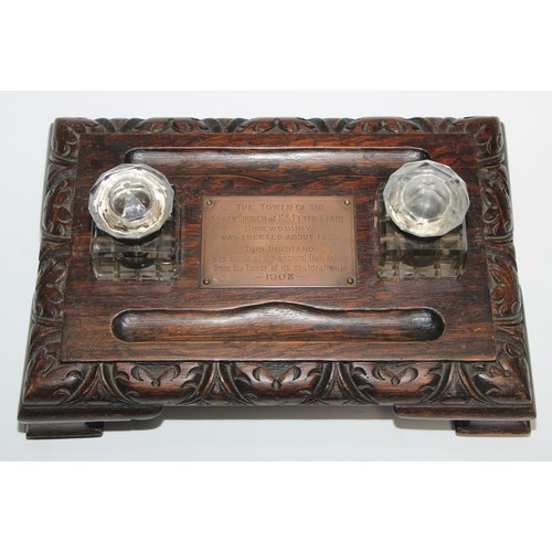 184 - An Edwardian salvaged oak inkstand, the copper presentation plaque inscribed The Tower of the Abbey ... 