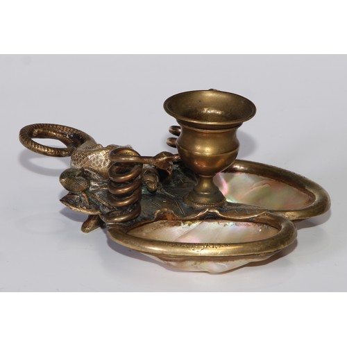 188 - A French Palais Royale gilt brass and mother of pearl chamberstick, naturalistically cast with a liz... 