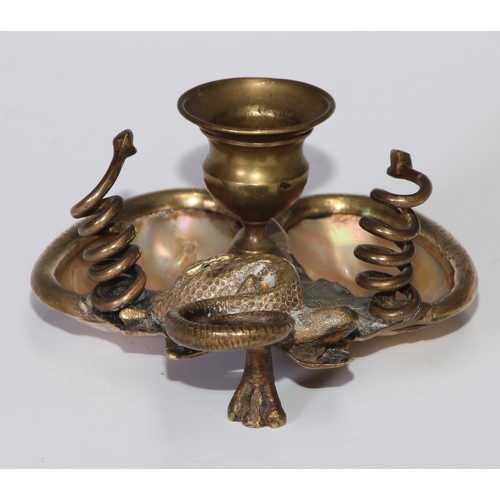 188 - A French Palais Royale gilt brass and mother of pearl chamberstick, naturalistically cast with a liz... 