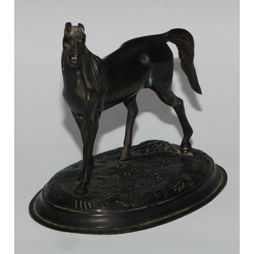 233 - A Continental dark patinated desk sculpture, cast as a horse, oval base, 13.5cm high